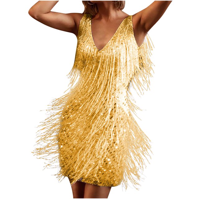 CEHVOM Mode Femmes Aguichant Col en V Couleur Unie à Franges Robe Sans Manches Jupe Courte