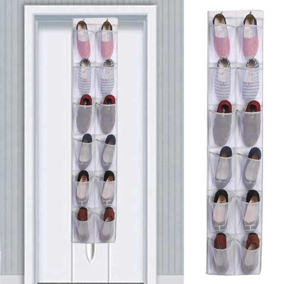 Space Saving Door Mounted Shoe Organizer with Twelve Transparent Mesh Pockets and Durable Metal Hooks for Secure Over Door Storage