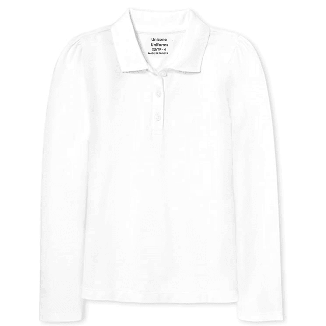 Unizone Uniforms Polo à Manches Longues pour Filles, Grande Taille et Couleur Blanche, Fabriqué en Mélange de Coton Respirant. Conçu avec un Col Classique, une Patte de Boutonnage et des Manches Longues, Idéal pour les Hauts de Filles dans les Uniformes Scolaires Ou les Tenues Décontractées.