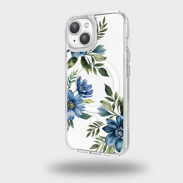 Caseco Mag-SafeiPhone 15 Blue Floral Clear Case
