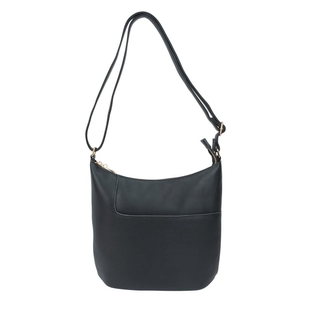 Time and Tru Sac Hobo pour Femme à Fermeture Éclair Supérieure en Noir avec silhouette Courbée Douce et Sangle Ajustable pour Porter à l'Épaule Ou en Bandoulière, Doté d'Une Fermeture Éclair Supérieure, d'Une Poche avant à Enfiler Mettant en Valeur des Coutures Nettes et d'Accentures en Quincaillerie Dorée sur Fond Blanc.
