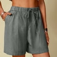 thumbnail image 3 of Women's Linen Summer Shorts Solid Color Comfortable Elastic Wide Leg Casual Shorts Dark Gray, 3 of 8