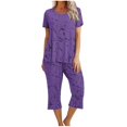thumbnail image 2 of Économies d'Été Liquidation Iumwxz Pyjamas Décontractés Fluides Tenues Grande Taille Tenues d'Été Mode Graphique Col Rond Manches Courtes Taille Élastique Pantalons Raccourcis Ensembles Assortis pour Fête Dames, 2 of 6