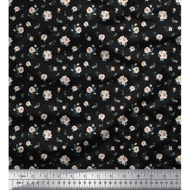 Soimoi Tissu en Voile de Coton Noir Imprimé Floral Feuilles & Roses au Mètre 42 Pouces de Large