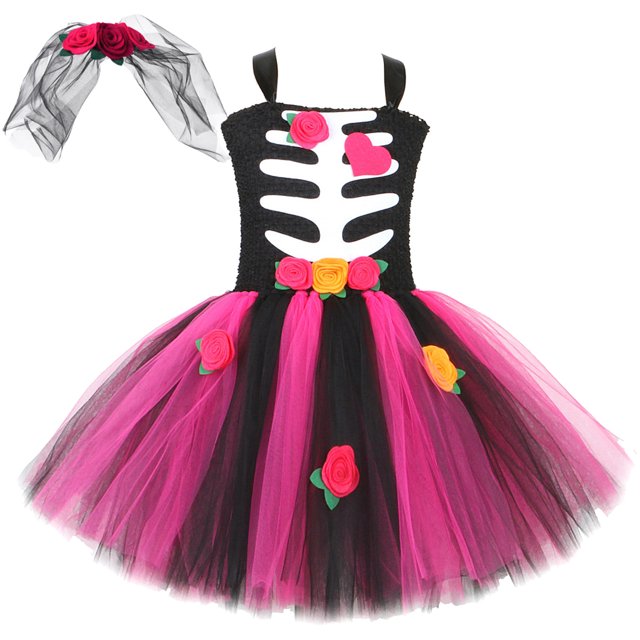 HNMKIU Robe de Concours Florale d'Halloween Sans Manches à Imprimé Os pour Filles, Tenue de Soirée Performance Mode Noire, 12-14 Ans