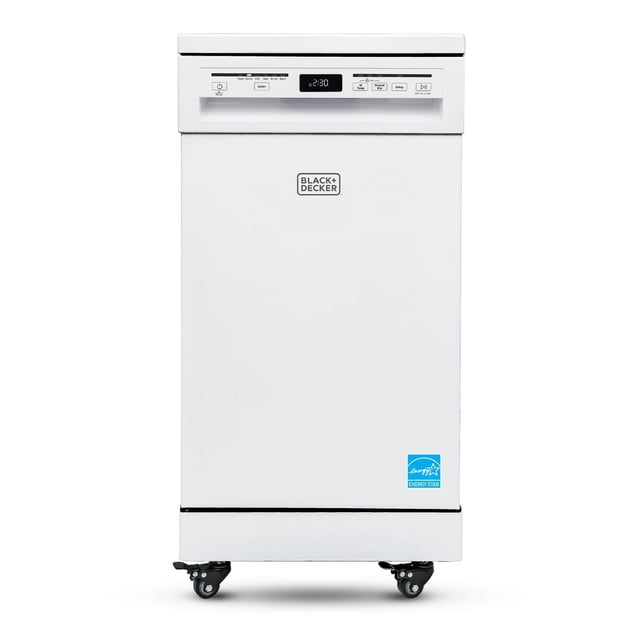 BLACK+DECKER Portable Dishwasher, 18 inches wide, white with front digital control panel displaying cycle options and timer, compact design on caster wheels, Energy Star certified, cleans up to 8 place settings, ideal for small kitchens or apartments with quick connect hose for easy setup.