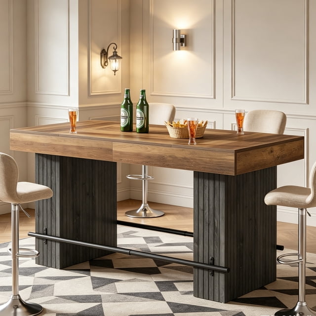 Fnova 63 Inch Industrial Bar Height Table with Dual Footrests, Counter Height Bar Table for Home Bar Cafe Restaurant