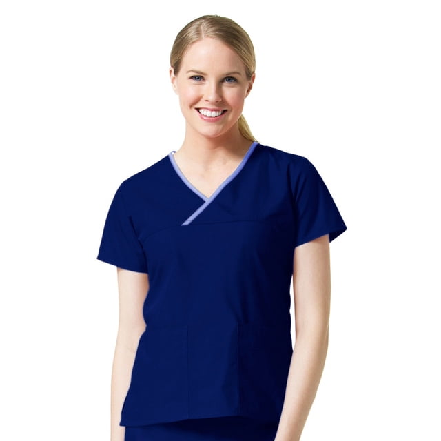 Core by Maevn Women's Y-Neck Mock Wrap Solid Scrub Top