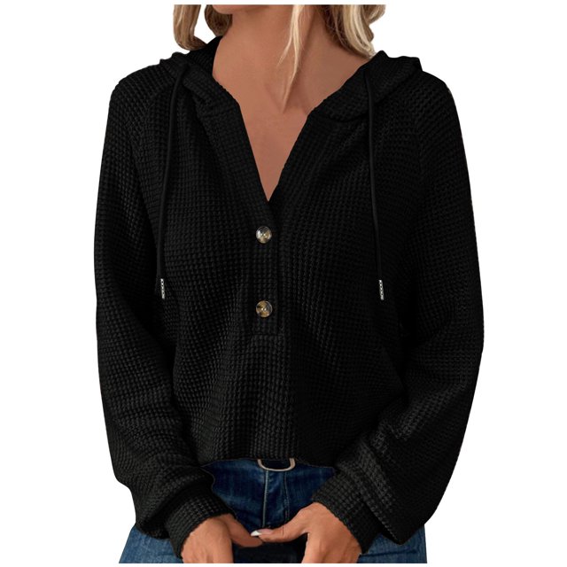 AherBiu Hoodies for Women Drop Shoulder Button V Neck Pullover Long Sleeve Tops Oversized Sweatshirt