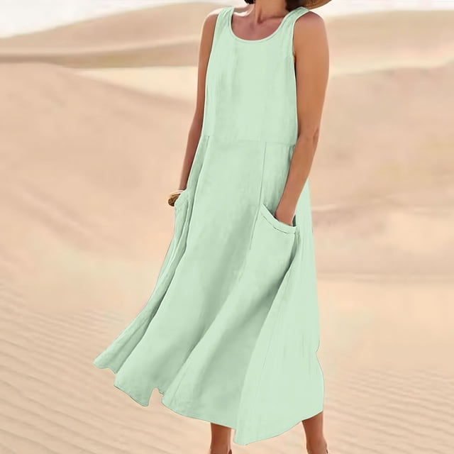 Meichang Robes Sans Manches en Lin pour Femmes Été Coupe Ample Col Rond Décontractées Robes d'Été Évasées Plage Vacances avec Poches