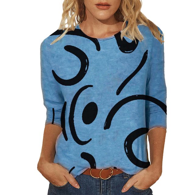 IROINNID Économies Polyester T-shirt à Manches Longues pour Femmes T-shirt Imprimé de Loisirs Blouse Mi-Longue Col Rond Hauts, Bleu