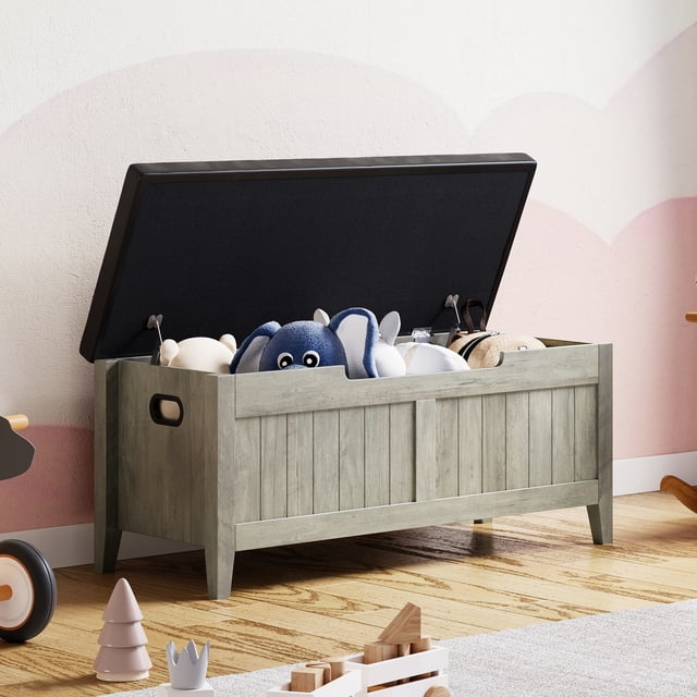 EDTara Lift-Top Wooden Storage Bench, Entryway Chest With Padded Cushion and Secure Safety Hinges