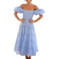 thumbnail image 2 of Faithtur Femmes Été Décontracté une Ligne Robe Courte Puff Manches sur l'Épaule Midi Plaid Robe, 2 of 7