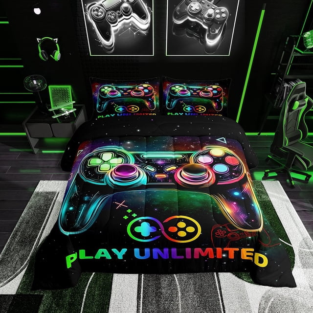 QUTETN Moderne Noir Bleu Joystick de Jeu Couettes et Duvets Grand Lit
