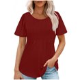 thumbnail image 1 of Hauts d'Été à Manches Courtes Femme Mode 2024 Blouses Plissées Chic Décontractées Col Ras du Cou T-Shirts de Couleur Unie (Grand, Rouge), 1 of 6