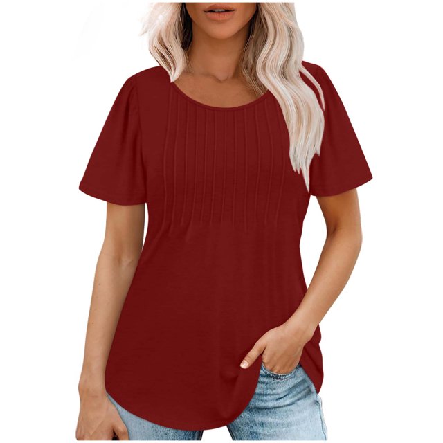 Hauts d'Été à Manches Courtes Femme Mode 2024 Blouses Plissées Chic Décontractées Col Ras du Cou T-Shirts de Couleur Unie (Grand, Rouge)