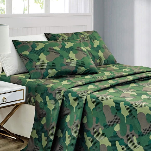WPM Ensemble de Literie pour Enfants Collection 3 Pcs Vert Militaire Ensemble de Draps Taille Simple avec Drap Plat et Drap-Housse Taie d'Oreiller Camouflage Motif Armée (Camouflage Militaire, Ensemble de Draps Simple)