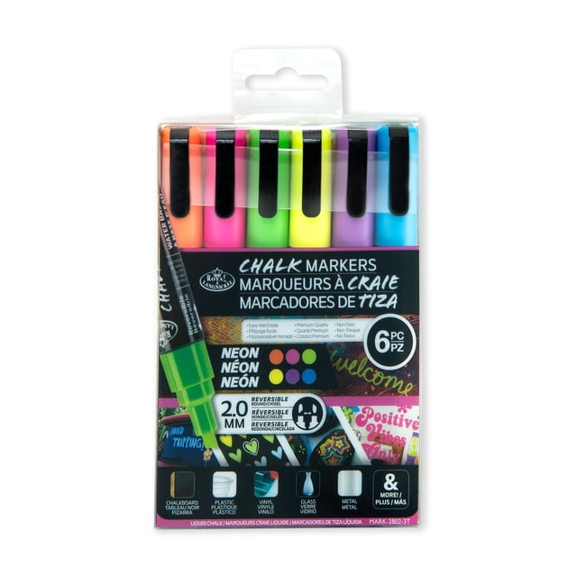 Royal & Langnickel 6pc 2MM Neon Chalk Drawing Marker Set with six vibrant neon liquid chalk markers featuring reversible 2.0 mm round and chisel tips, suitable for chalkboards, plastic, vinyl, glass, and metal surfaces, non-toxic and easy to clean, often used for creative craft projects.