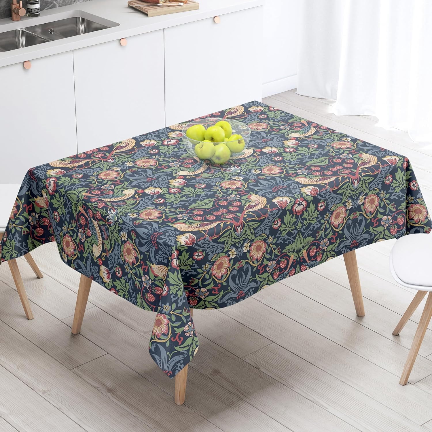 Floral Tablecloth, Vintage Flower Strawberry Birds Retro Boho Botanical Plant Table Cover, Water Resistant Wipeable Tablecloths for Kitchen Dinning Room Decor, 60"x120"