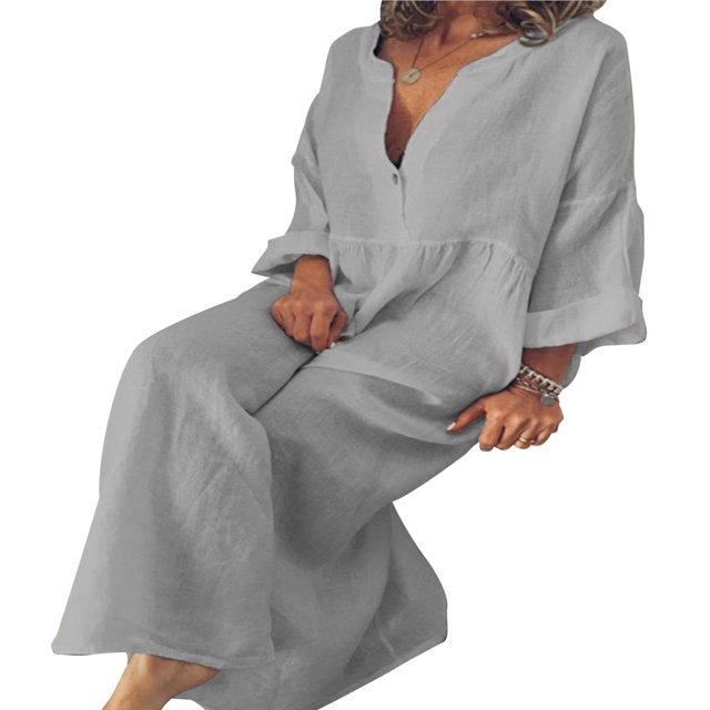 CHUANK Robe Maxi Ample à Manches Longues en Coton et Lin pour Femmes, Grande Taille, Unie, Boutonnée