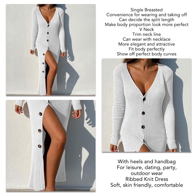 Womens Deep V Neck Button Down Long Knit Sweater Dress Bodycon Long Sleeves Sweater Maxi Dress