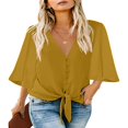 thumbnail image 1 of CHUANK Women‘s Button Down V Neck Tops Ruffled 3/4 Sleeve Tie Knot Front Blouses White Sizes S-2XL, 1 of 3