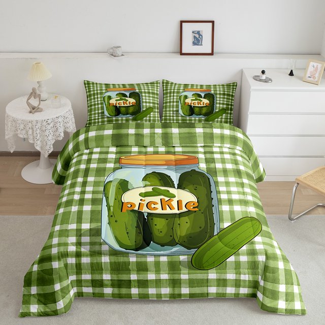 Erosebridal Cartoon Pickles Print Bedding Full Comforter Set, Fresh Vegetable Down Comforter, Green Buffalo Decor, 3pcs