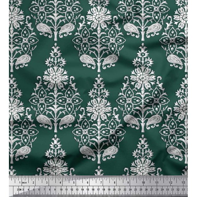 Soimoi Velvet Fabric Leaves & Floral Block Print Sewing Fabric Yard 58 Inch Wide