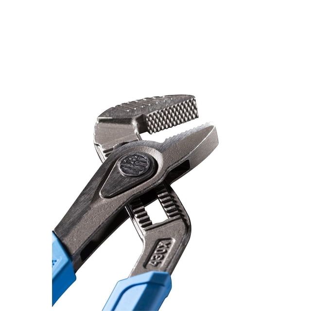 CHANNELLOCK 10" Tongue & Groove pliers with blue molded non-slip grips, laser heat-treated crosshatch teeth for enhanced grip, push-button adjustment locking into undercut channels, forged high carbon U.S. steel construction, and a reaming feature for pipe deburring, made in the USA.