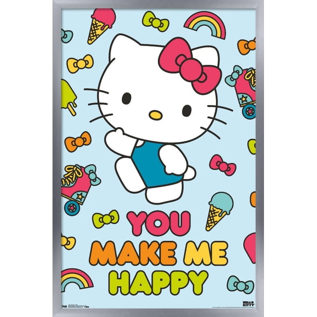 Hello Kitty - Happy Wall Poster with a front-facing Hello Kitty wearing a blue outfit and red bow on a light blue background decorated with colorful ice cream cones, roller skates, rainbows, and bows. The poster features the phrase 'YOU MAKE ME HAPPY' in red, orange, and yellow block letters, framed in a silver frame, perfect for bedroom or kids' room decor.