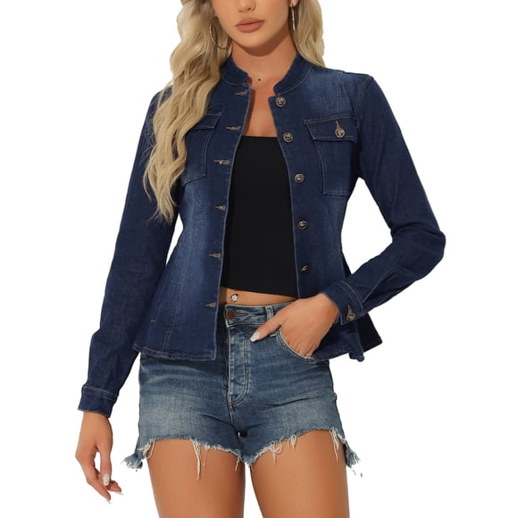 INSPIRE CHIC Women's Denim Jacket Stand Collar Long Sleeves Flap Pockets Jean Jacket Dark Blue XL