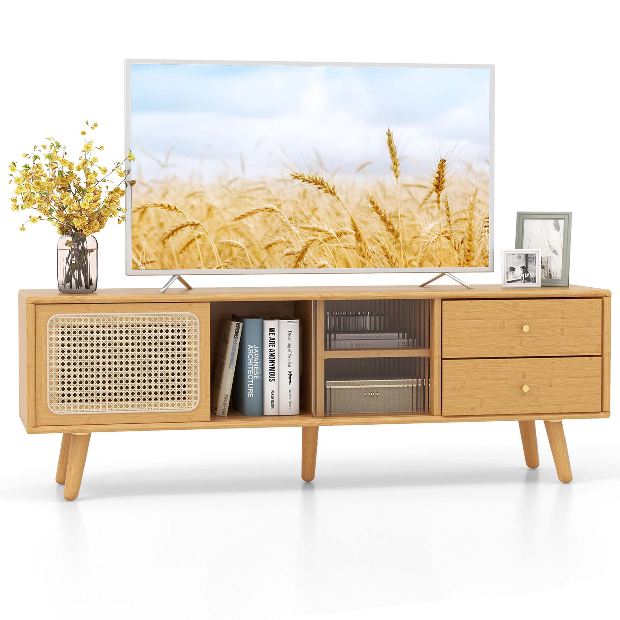 Costway Table de meuble TV en bambou avec porte en rotin PE & 2 tiroirs pour téléviseur jusqu'à 65''