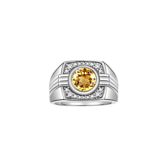 RYLOS Mens Rings 14K White Gold Designer Round Gemstone & Sparkling Diamond Ring Citrine November Birthstone Rings For Men, Men's Rings, Gold Rings Sizes 8 - 13