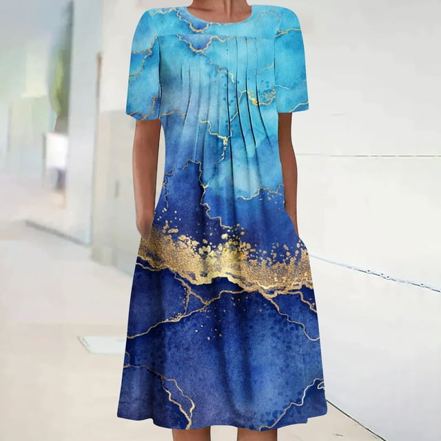 Robes Maxi pour Femmes Été Bohème Imprimé Manches Courtes Robe de Plage Robe Longueur Genou Robe Manches Courtes en Liquidation