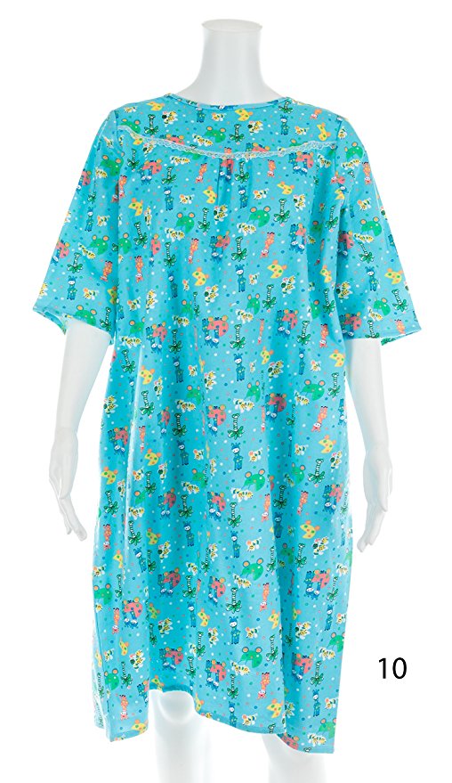 Women's Adaptive Flannel Backwrap Gown (X-Large, Fun Prints with Blue Background - 10)