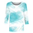 thumbnail image 4 of Hauts Manches Longues pour Femmes T-shirt Imprimé Manches 3/4 Blouse Col Rond Lounge Tops, Bleu Clair, 4 of 5