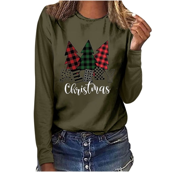 Women's Long Sleeve Tops Women's Merry Christmas Plaid Print Casual Long Sleeve Round Neck Top T-Shirt Long Sleeve T Shirts Women's Tops Long Sleeve T Shirt Print Machine
