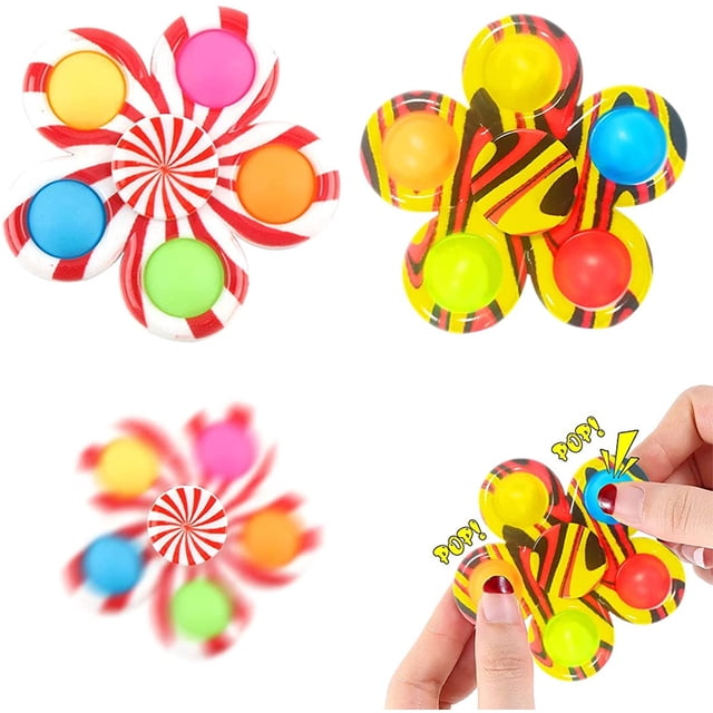 2 Packs Fidget Spinner Pop S, featuring two multicolour tie-dye pop bubble spinners with vibrant designs. Each spinner has a flower-like shape with colourful poppable bubbles and a central spinning mechanism. The image shows one spinner with red and white stripes and another with a yellow and black tie-dye pattern. A close-up demonstrates the popping action with fingers pressing the bubbles. Ideal for kids with ADHD or anxiety, these sensory toys are portable and suitable for stress relief and concentration improvement.