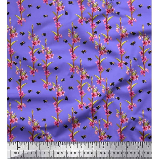 Soimoi Satin Silk Fabric Leaves,Floral & Honey Bee Insects Fabric Prints by Yard 42 Inch Wide
