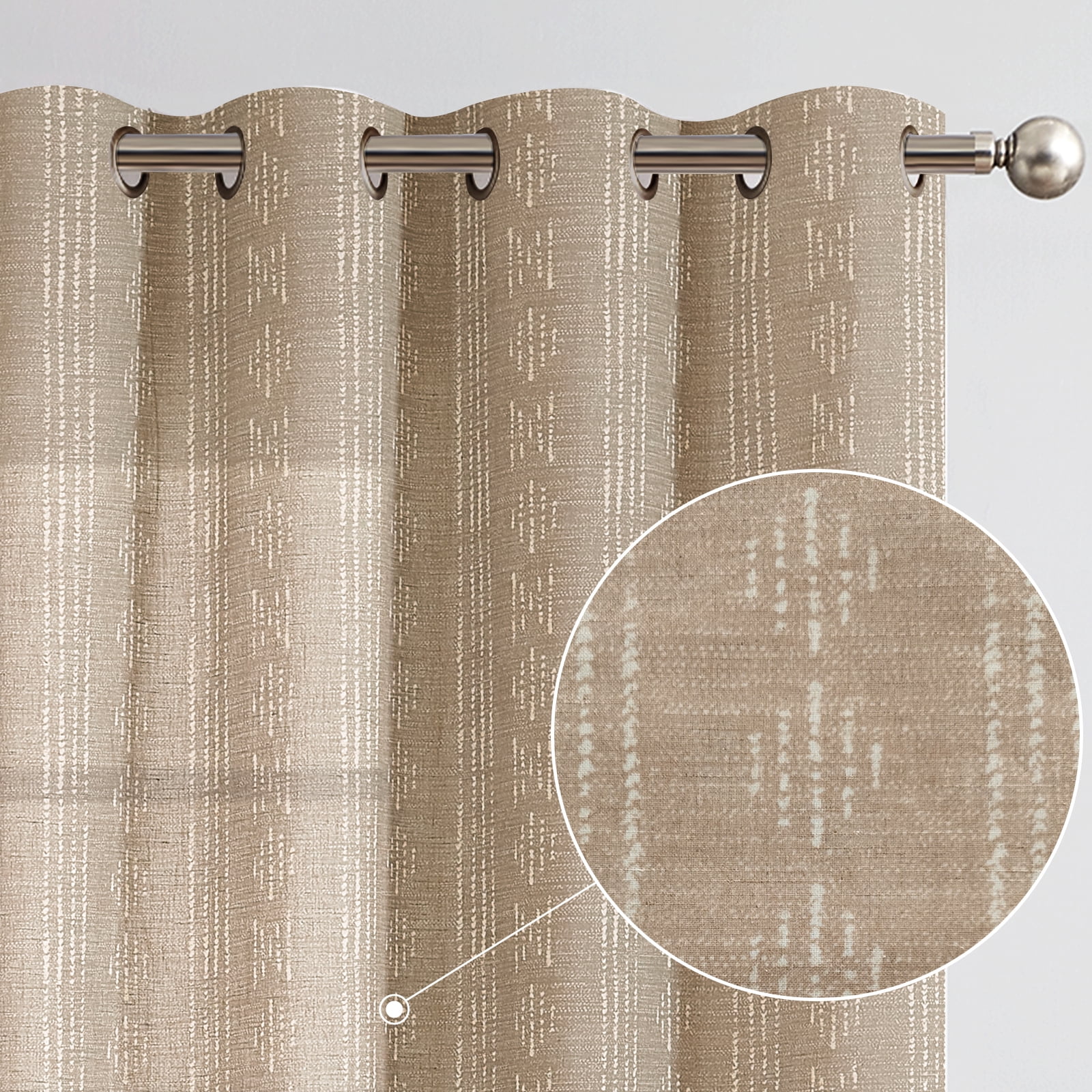 Curtainking Rideaux Boho Rideaux en Lin pour Salon Rideaux de Fenêtre 52x63 Pouces Rideaux à Oeillets à Rayures Géométriques 2 Panneaux Taupe