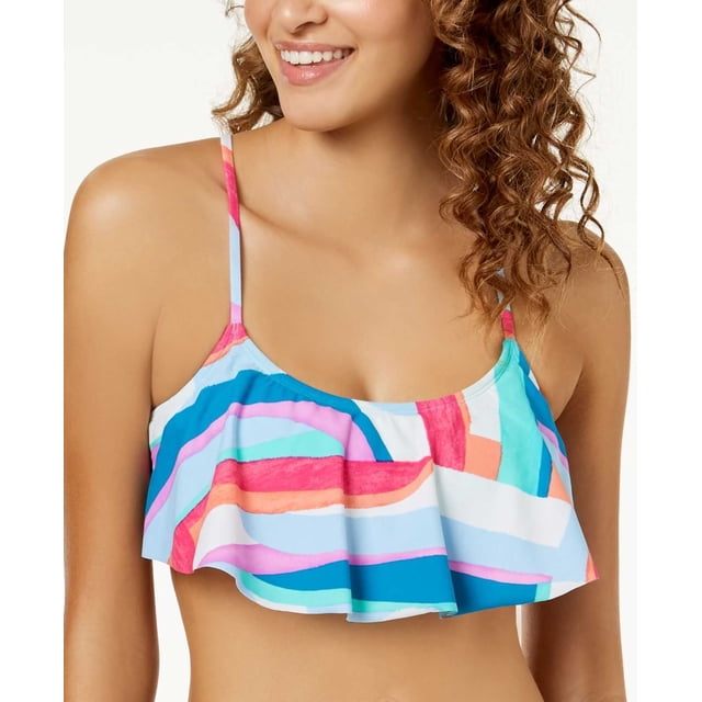 Hula Honey Junior’s Flounce Cross-Back Bralette Top Swimsuits, Flying Colors Printed, Large