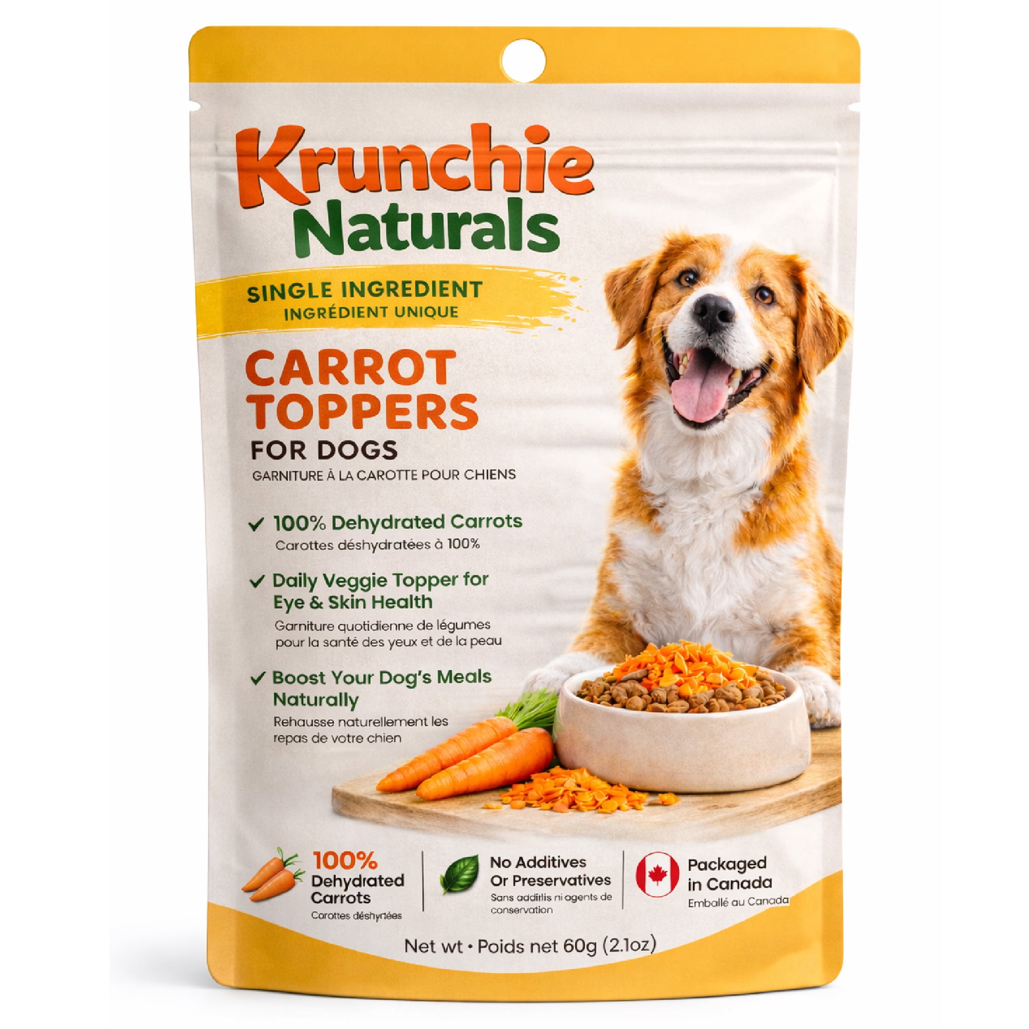 Dog Food Topper for Digestion – Carrot | Immune Support + Gut Health + Hydration | Dehydrated Natural Meal Topper for Dogs | Krunchie Naturals