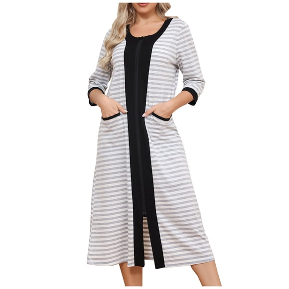 Kaemgyyd Women's Zip up Robe Striped 3/4 Sleeve Housecoats Zipper Front Crew Neck Sleepwear Nightgown Loungewear Dress with Pockets