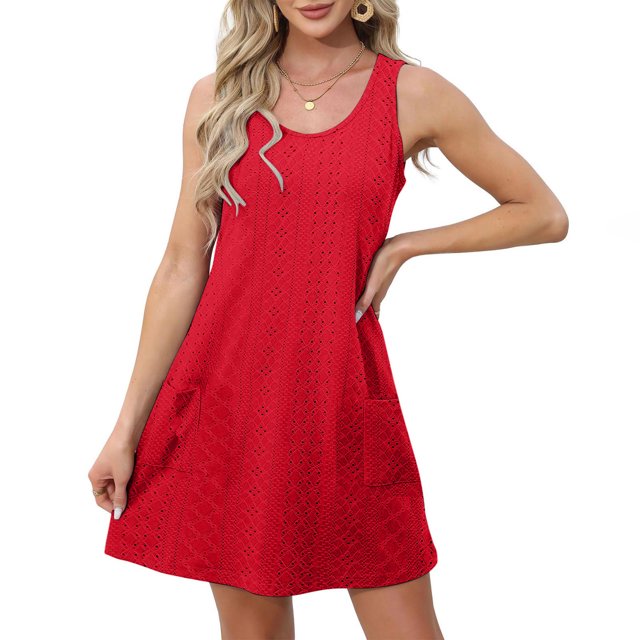 Ovzne Robes pour Femmes Robe pour Femme Mode Femmes Été Poche Décontractée Unie Col Rond Sans Manches Robe Mini Robe pour Femmes Liquidation