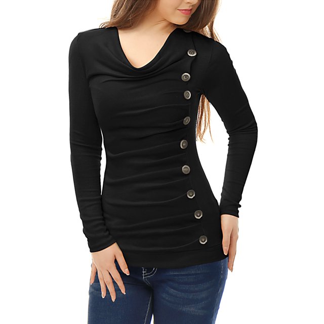 INSPIRE CHIC Women's Cowl Neck Buttons Decor Long Sleeves Ruched Top in solid black color. This women's blouse features a cowl neckline, decorative buttons along the side, and ruched detailing for a slim fit. Made from a cotton, polyester, and spandex blend, it pairs well with jeans or leggings for casual, office, or formal occasions.