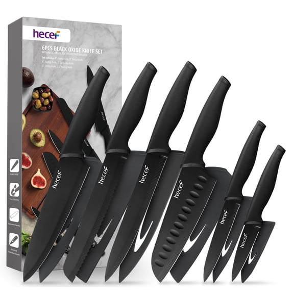 Hecef Ensemble de 6 Couteaux, Couteau de Chef Santoku de Cuisine en Oxyde Noir, Rasoir Tranchant