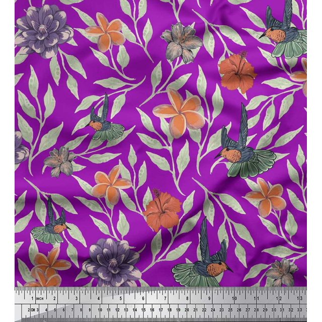 Soimoi Purple Modal Satin Fabric Flying Bird & Floral Decor Fabric Printed BTY 42 Inch Wide
