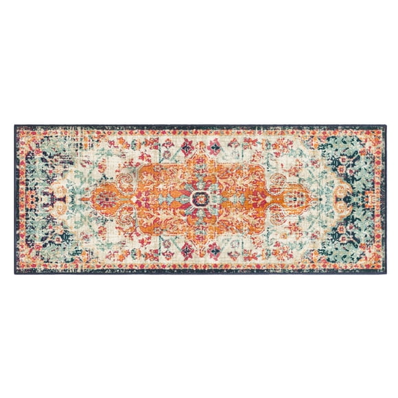 Mainstays Georgina 2x5 Runner Mat, Low Profile, Machine Washable, Non-Slip, Persian Medallion Rust/Navy/Ivory, for Hallway, Kitchen, Mudroom