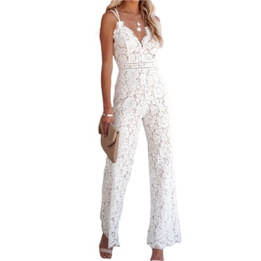 Gupgi Combinaison Élégante pour Femmes Taille Haute Pantalon à Jambe Grand Dentelle Bretelles Spaghetti Combinaison Dos Nu