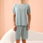 RKSTN Mens Pajamas Set Soft Short Sleeve Pjs Sets Solid Color Crew Neck And Shorts Sleepwear Summer Lightweight 2 Piece Comfy Sleepwear With Pockets